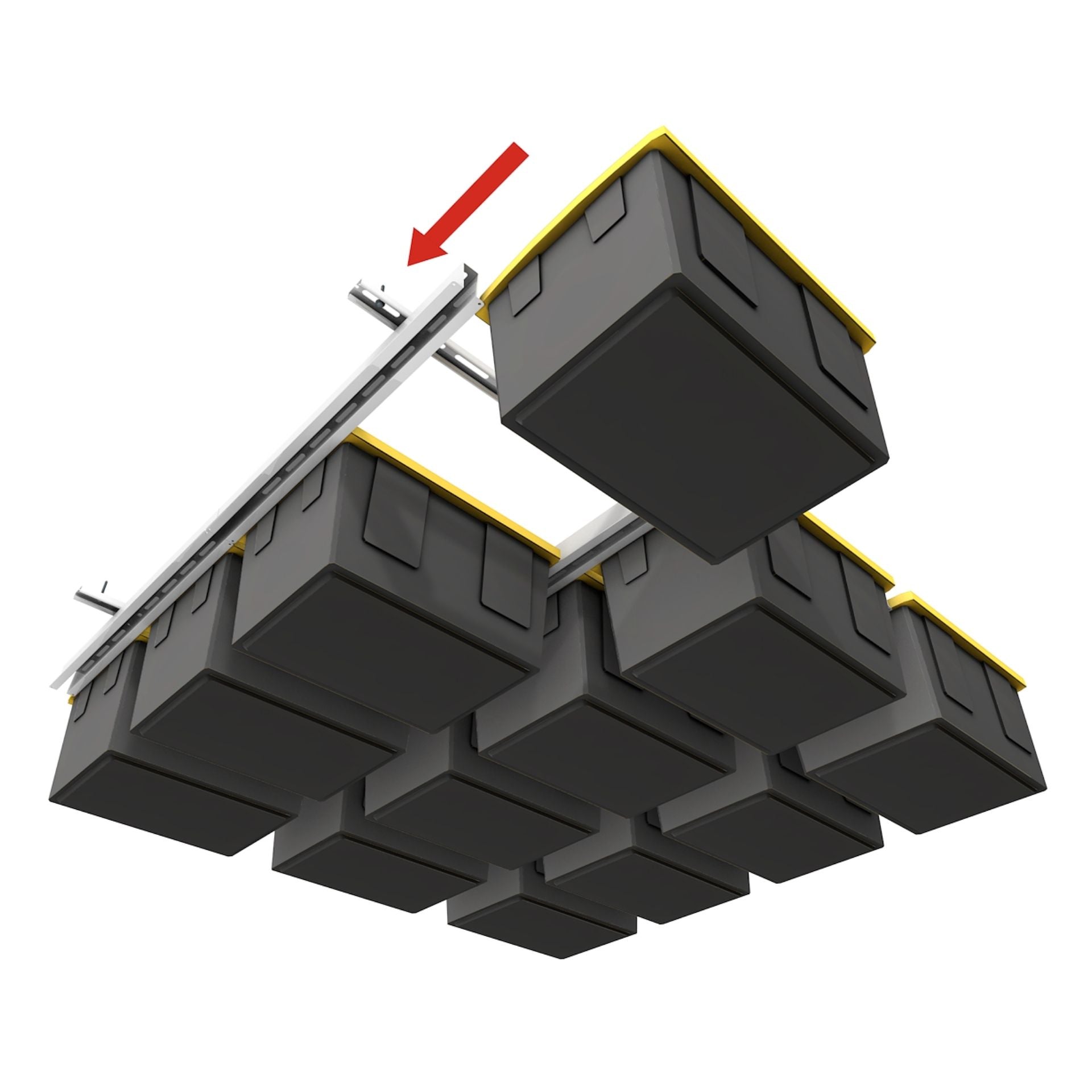 Tote Slide™ Pro — 3-Channel Overhead Garage Storage for 9–15 Totes 