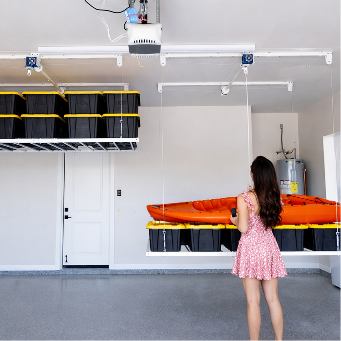 Drill-powered E-Z Lift retractable storage lift installation