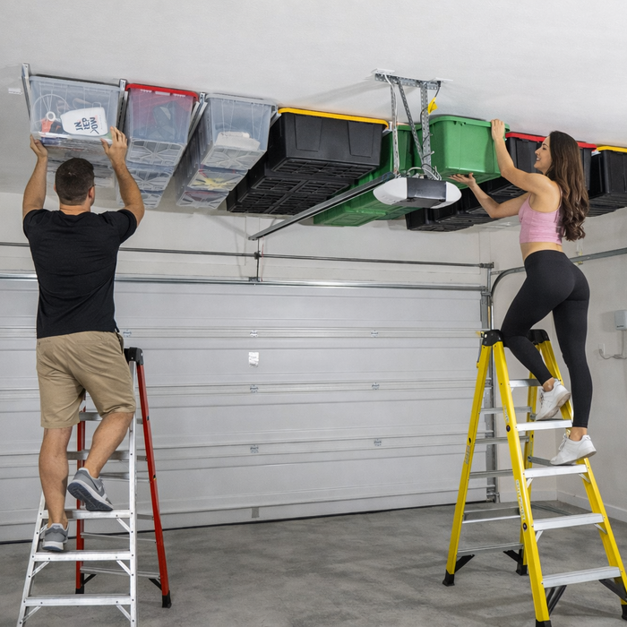 Overhead garage storage rack installed by E-Z Garage Storage