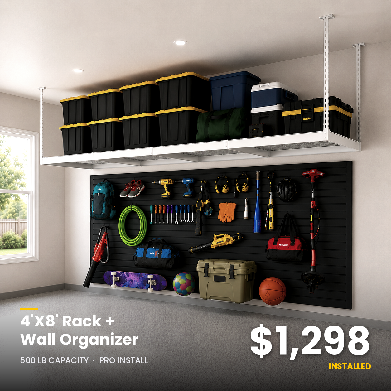 4' x 8' Overhead Storage Rack + Wall Organizer Bundle
